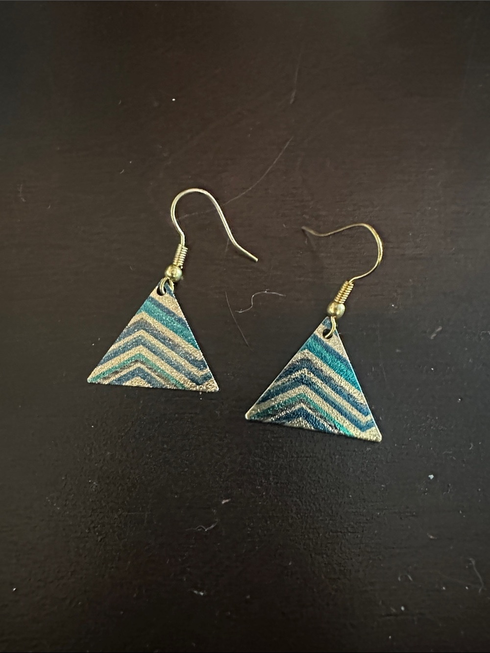 Blue and Gold Chevron Triangle Drop Earrings